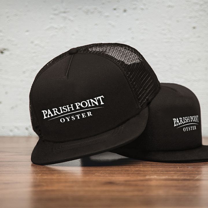 PPO black trucker cap white type logo